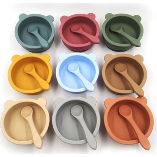 Cute Bear Silicone Baby Feeding Bowl Spoon Set Childrens Tableware Non-Slip Crockery BPA Free Silicone Dishes Baby Accessories