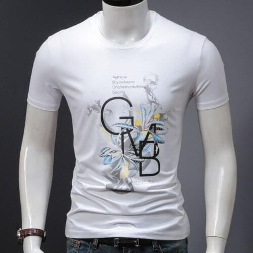 Floral Printed Mens White T Shirt Fashion Slim Fit O-Neck Short Sleeve T-Shirts Mens Oversized Cotton Stretch Tshirt