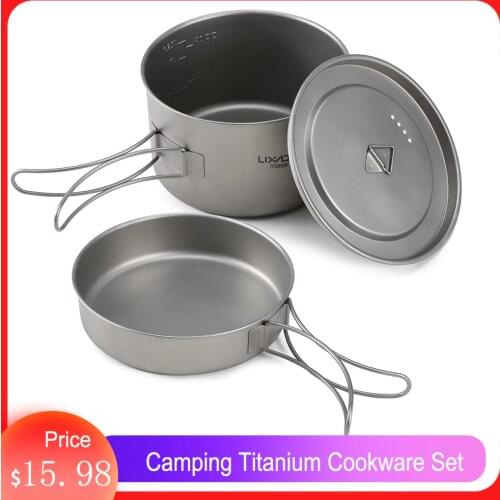 Lixada 2pcs Camping Cookware Set Titanium Pot Pan Cooking Set with Foldable Handles Mesh Carry Camping Hiking Tableware