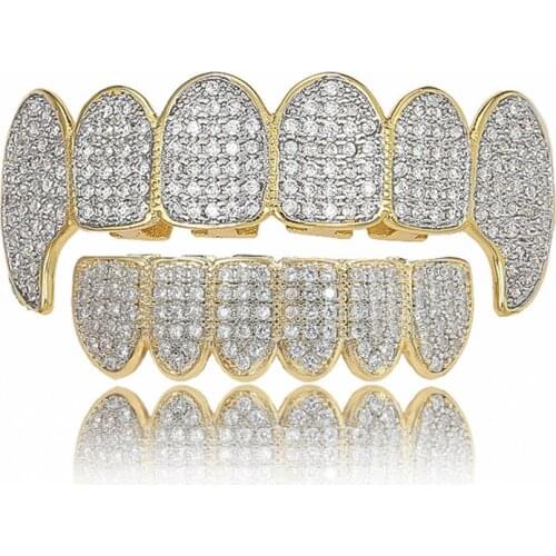 Hip Hop Teeth Grillz Iced Out AAA Zircon Top & Bottom Tooth Set Vampire Tooth Grillz Jewelry