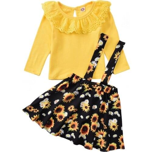 2021 Autumn New Toddler Girls Clothes Set Solid Lace Round Neck Long Sleeve Tops Sunflower Print Skirts 1-6Y