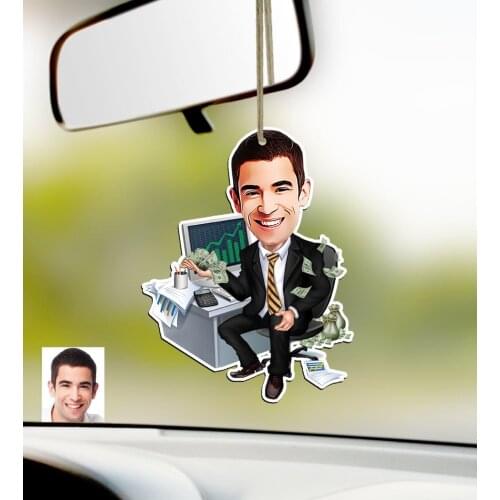 Personalized Mr Banker Caricature Of Wood Car Rearview Mirror Süsü-1