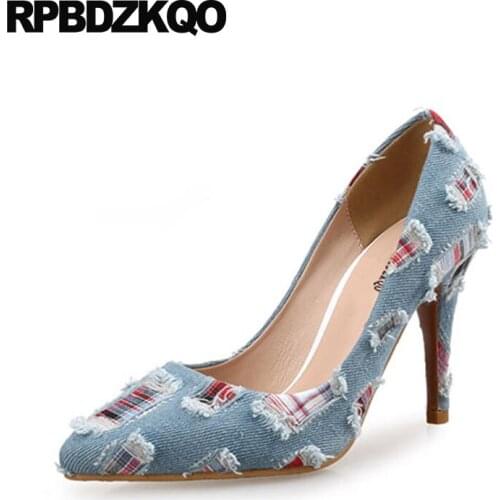 Plus Size Medium Heels High Brand Pumps 4 34 Novelty Denim Designer Women Luxury Shoes 33 Pointed Toe 3 Inch European Blue Thin