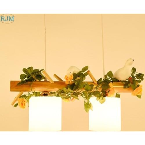 Nordic Creative Floral Birds Wooden Pendant Lights Modern Simple Glass Pendant Lamps for Dining Room Bar Coffee Living Room