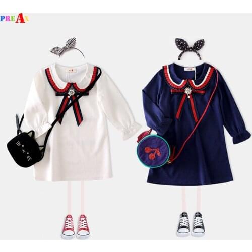 2018 Spring Girls Dresses Cute Baby Girls White Long Sleeve Dress Children Clothes Casual Cotton Princess Party Bow Tie Dresses