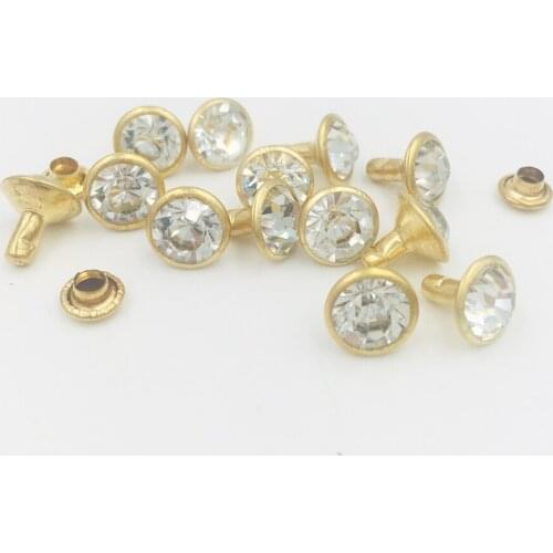 100Sets 6mm&8mm Clear Crystal Rhinestone Rivets Golden Metal Base Rapid Studs Stunds For Clothing Bag Leathercraft Rivet