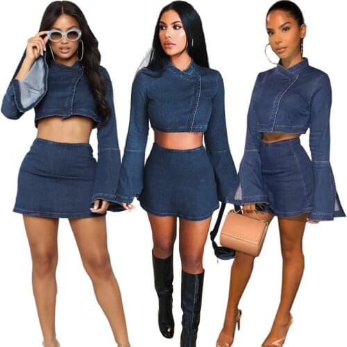 Sexy Button Trumpet Sleeves Womens Sets Zipper Denim Skirt Two-piece Outdoor Leisure Suit Fashion Women Party Office Dress