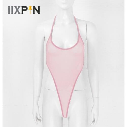 Womens One-piece See Through Sheer Mesh Lingerie Halter Sleeveless Strappy Backless High-cut Thong Leotard Bodysuit Nightwear
