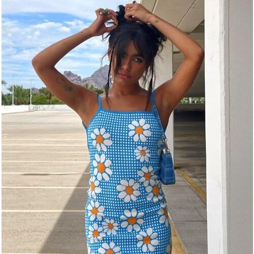 Summer Dress Retro Spaghetti Strap Women Square Collar Print Floral Mini Sexy Backless Dress Elegant Dresses Korean Vestidos Top