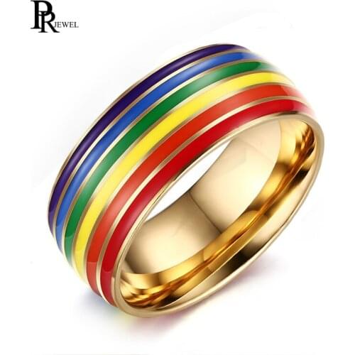 8mm Gold Stainless Steel Enamel Rainbow Pride Ring for Lesbian Gay Wedding Engagement Band