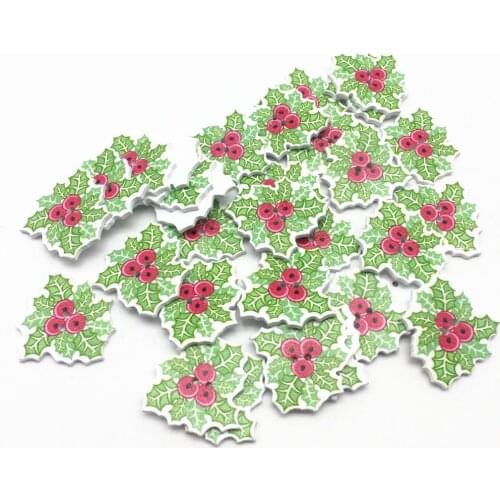 50pcs 36x25mm Wood Green Holly Leaves Buttons Sewing 2 Holes Christmas DIY Button Embellishments Crafts Scrapbooking