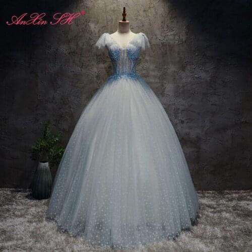 AXJFU blue lace illusion bride evening dress blue flower ruffles sleeve evening dress Korean princess evening dress YDY455