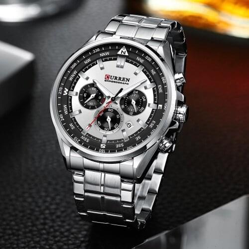 2021 CURREN Luxury Brand Watches for Men Casual Sporty Quartz Wrist Watch Stainless Steel Band Chronograph Clock Male Silver