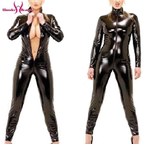 Black Faux Leather jumpsuit Long Sleeve Open Crotch Wetlook PVC Catsuit with Zipper Latex Catsuit Fetish Wear Sexy Costumes 6XL
