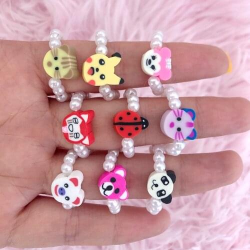 Cute Animal Avatar Beaded Rings for Women Girls White Imitation Pearl Handmade Beaded Stretchable Ring Fashion Birthday Jewelry