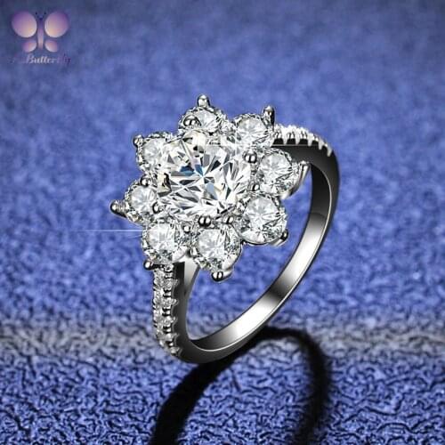 925 Sterling Silver Moissanite Ring 1.0, 2.0 Ct Round Cut D Color Very Shiny Sun Flower Engagement Ring High Quality Jewelry