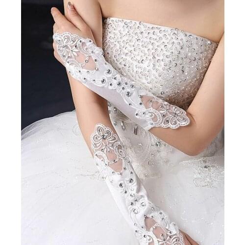 LACE WEDDING BRIDES SATIN RHINESTONE CRYSTAL LONG GLOVES