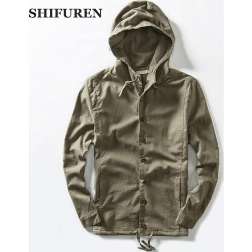SHIFUREN New Spring 2018 Men Hooded Cotton Linen Jackets and Coats Long Sleeve Single Breasted Causal Male Jacket Size M-3XL