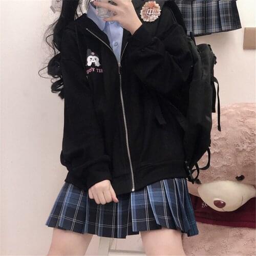 Fashion Black Autumn Cartoon Amine Print Jacket Loose Hoodie Women Fashion Girl Loose Hooded Amine Female Autumn Basic Tops Girl