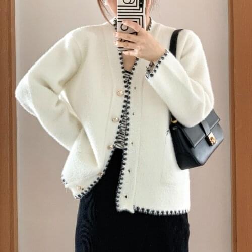 New Autumn Womens Jacket V-neck Long Sleeve Single Breasted Solid Buttons Packet Waterproof Mink Coat Women Outwear