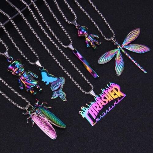 2021 New Fashion Street Hip-Hop Necklace Men Women Stainless Steel Quenched Letter Astronaut Dragonfly Pendant Necklaces Jewerly