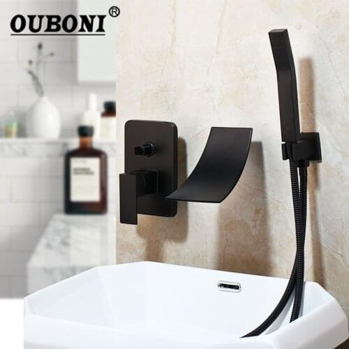 OUBONI Black Painting Waterfall Bathroom Shower Set Shower Faucet Modern Solid Brass Wall Mounted Bathtub Shower Set