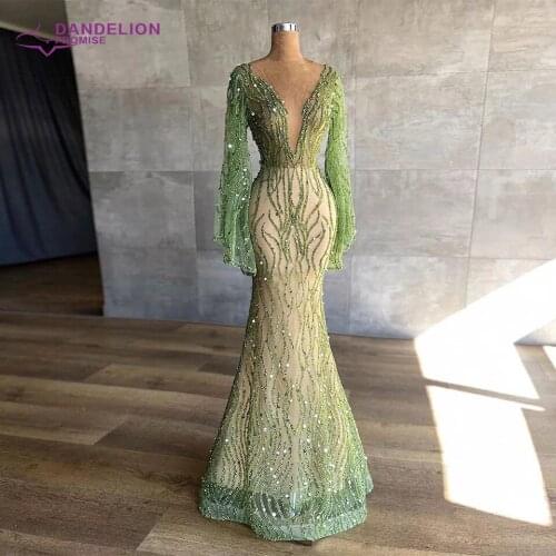Luxury Dubai Deep V Neck Green Evening Dress for Women 2021 Sequins Beads Handmade Long Flared Sleeves Formal Party Gowns