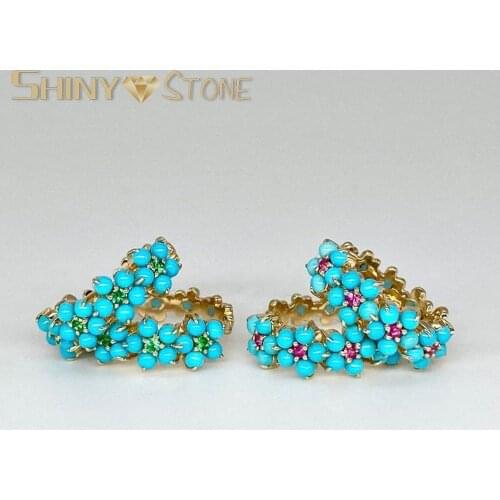 Blue Turquoises Hoop Flower Design Earring Circle Gem Stone Earrings Studs Gold Color Korean Trendy Coral Boho Jewelry Wholesale