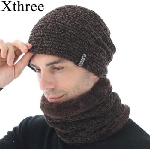 Xthree Chenille Men Beanies Skullies Hat Winter Knitted Hat Scarf With Lining Male Gorras Bonnet Winter Hats For Men Beanie