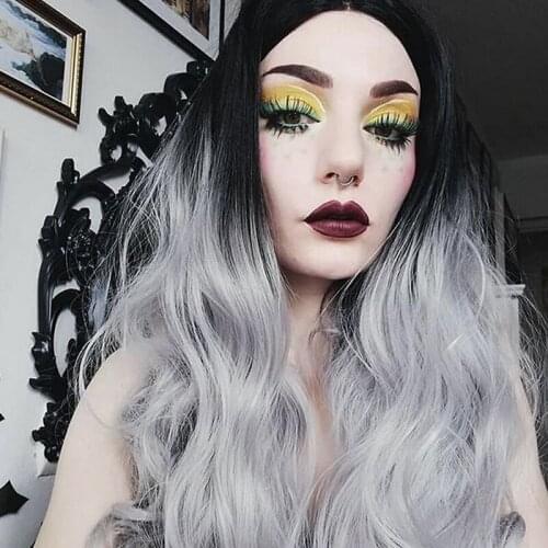Melody Synthetic Lace Front Wigs Heat Resistant Black Roots Ombre Blonde/Gray Long Water Wave for Women Drag Queen Cosplay Hair