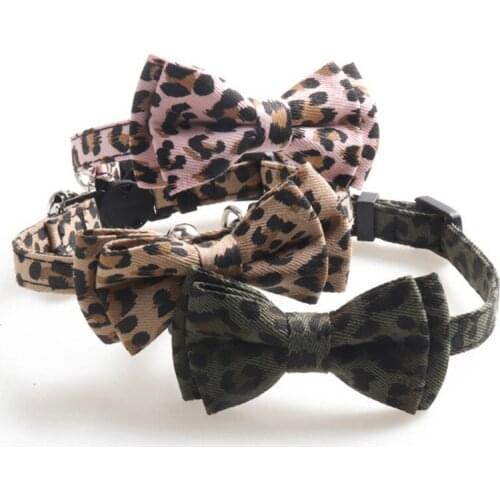 Leopard Print Dog Collar With Bow Tie For Dog/Cat Cotton Fabric Collar With Metal Buckle Collar Pet Accessories