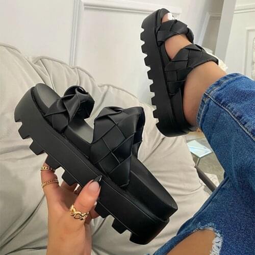 Casual Women Platform Shoes PU Leather Summer Spring Woven Slipper Travel Beach Sandals Slip-on Shoes Ladies Slides Thick-bottom