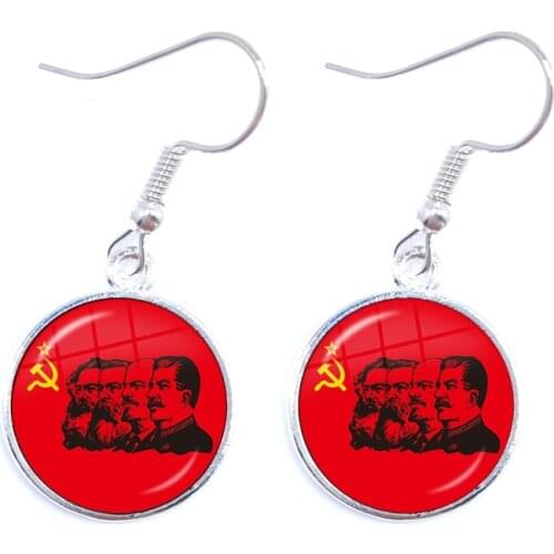 Soviet USSR Stalin Lenin Drop Earrings Classic Red Star Hammer Sickle Communism Emblem CCCP Glass Cabochon Ear Jewelry For Women