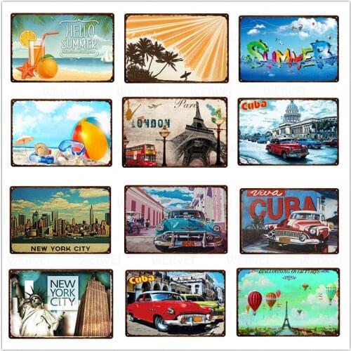City Landscape Iron Sign Home Decoration Metal Wall Poster Summer Time Beach Juice Iron Plate Vintage Room Decor Wall Art Tin