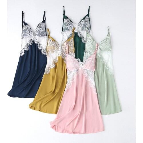 Ladies Sexy Satin Nightgown Summer Lace Night Dress Charming Sleep Wear Sleeveless Nighties with Chest Pads Night Wear For Women