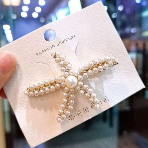 SHUANGR Korean Crystal Pearl Starfish Hairpin Bling Rhinestones Hairclip For Women Girls Party Star Hair Barrette Accessories