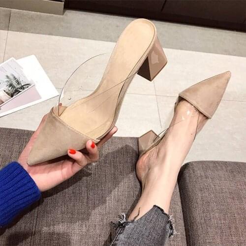 Women Pointed Toe High Heel Sneakers Fashion Shallow Patchwork Suede Square Heel Female Shoes 2021
