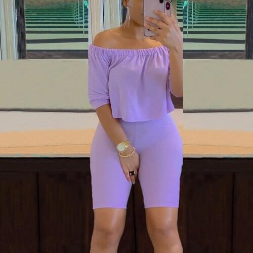 2021 Women Summer Short Sets 2 Piece New Casual Solid Suits Off Shoulder Crop Top & Skinny Shorts Fashion Sexy Suit