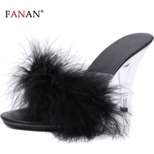 FANAN Womens Clear Kitten Heel Slippers Mules Open Peep Toe High Heels Slide Sandals Female Slip On Feather Dress Pumps Shoes