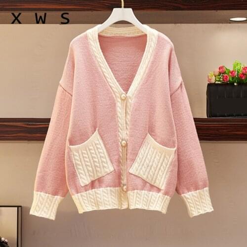 2020 Autumn WInter New Women Casual Cardigans Low V neck Pocket patchwork Button Knit Jumpers Beige oversized sweater casaco