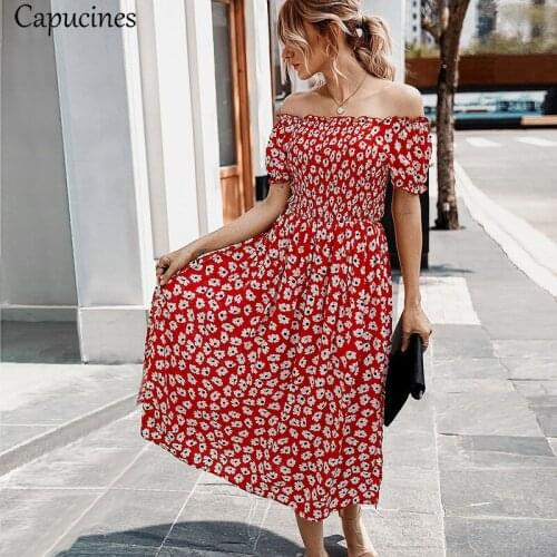 Capucines 2020 Sexy Off Shoulder Maxi Long Dress Summer Women Boho Printed Side Split Short Sleeve Holiday Party Dresses Vestido