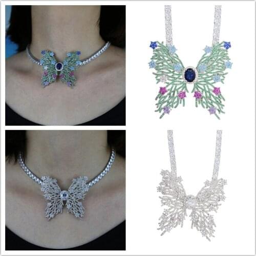 2 Colors Iced Out Hip Hop Big Butterfly Paved White Green Cz Pendant Necklace Dainty Jewelry For Women Wedding Gift 2021 New