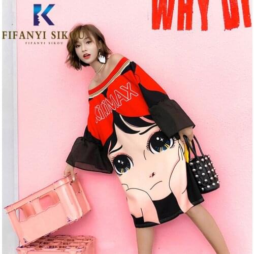 Cartoon Print Dress Women Flare sleeve Slash neck Loose Oversized Mid Long Dress Female 2020 Summer Fashion T-shirt Dress