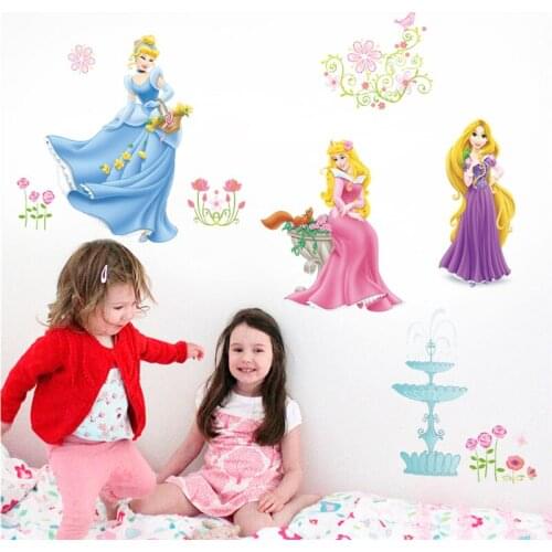 Cinderalle Aurora Rapunzel With Flowers Wall Stickers For Kids Room Home Decor Anime Wall Mural Art Cartoon Girls Decals