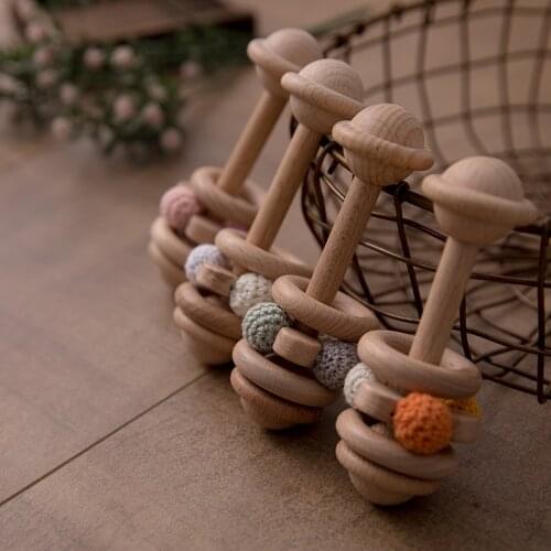 1PC Baby Beech Wooden Rattle Wood Teething Teether Toys Montessori Rodent Ring Silicone Beads Chew Play Gym Stroller Toy