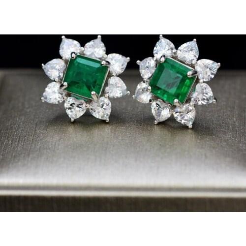 100% 925 Sterling Silver with Square not Natural Emerald Gemstone Stud Earrings Ear Studs Earrings Ladies Fine Jewelry New