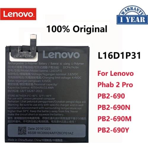 100% Original 4050mAh L16D1P31 Battery For Lenovo Phab 2 Pro PB2-690 PB2-690N PB2-690M PB2-690Y Batterij Batteries Bateria