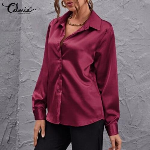 2021 Fashion Shirts Celmia Women Long Sleeve Satin Elegant OL Tunic Tops Autumn Solid Elegant Party Blouse Casual Loose Blusas