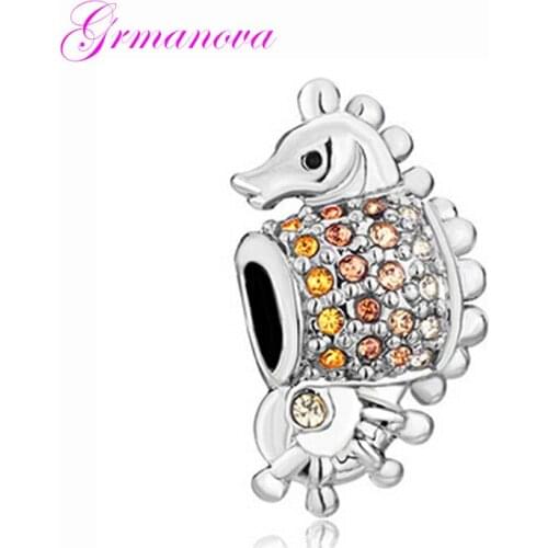 Seahorse Nautical Animal with Champagne Crystal Charm Bead Manual DIY Jewelry Accessories Amulet Fit Pandora Bracelet Necklace