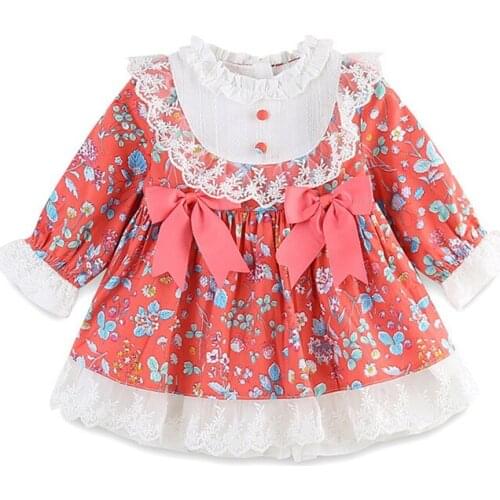 Kids Spanish Dress Lolita Style Flowers Print Princess Infant Easter Birthday Party Baby Girl Dresses with Bows 0-4Y